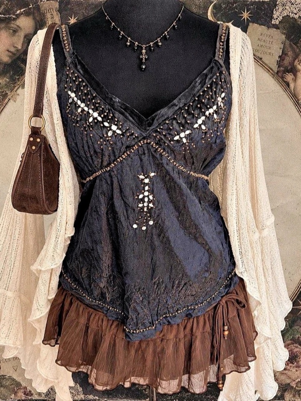 Pretty Angel Y2K Black Velvet Beaded Fairy Whimsigoth Camisole Top